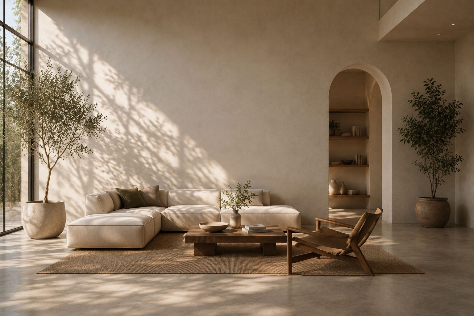 Sunlit living room with a cream sofa and potted olive trees